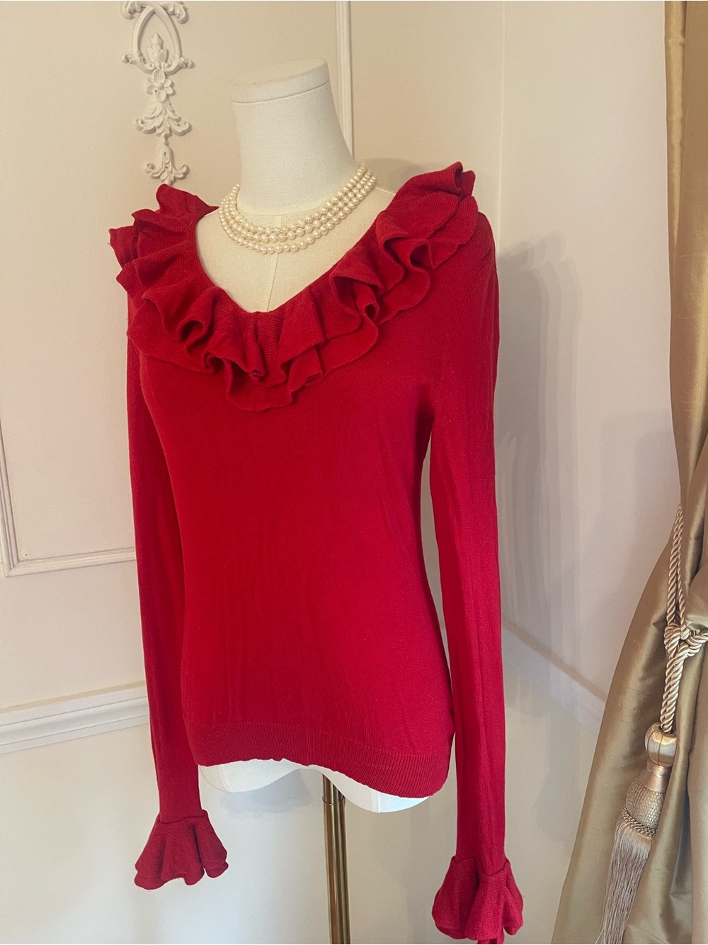 Ralph Lauren Red Ruffle V-Neck Sweater
